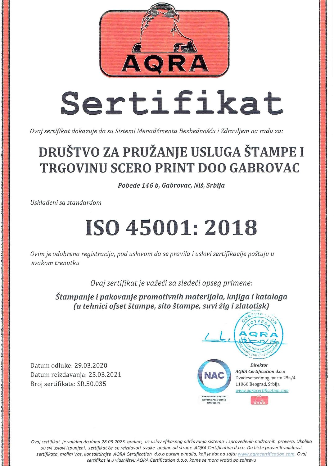 Slika Scero print sertifikata ISO 45001