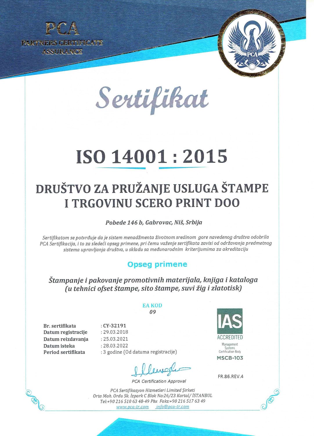 Slika Scero print sertifikata ISO 14001