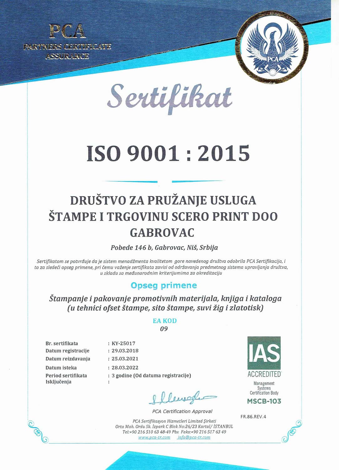 Slika Scero print sertifikata ISO 9001